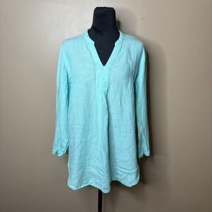 LL Bean Women's Sz M Linen Tunic Top Long Sleeve Aqua Blue Casual Relaxed Fit